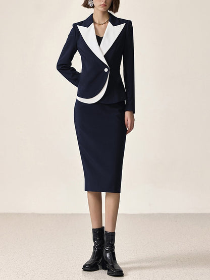 High-End Fashion Temperament Lapel Dark Blue Contrast Suit Skirt Set