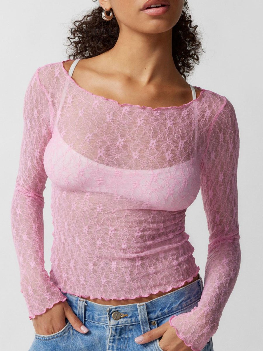 Fashion Round Neck Lace Jacquard Hollow Long Sleeve T-Shirt