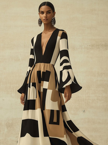 V-Neck Stylish Holiday Party Geometric Print Flared Long Sleeve Maxi Dress