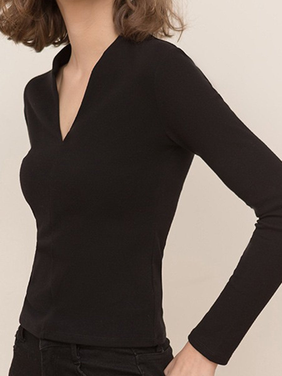 Fashionable And Simple V-Neck Long-Sleeved German Velvet Solid Color Bottoming Shirt