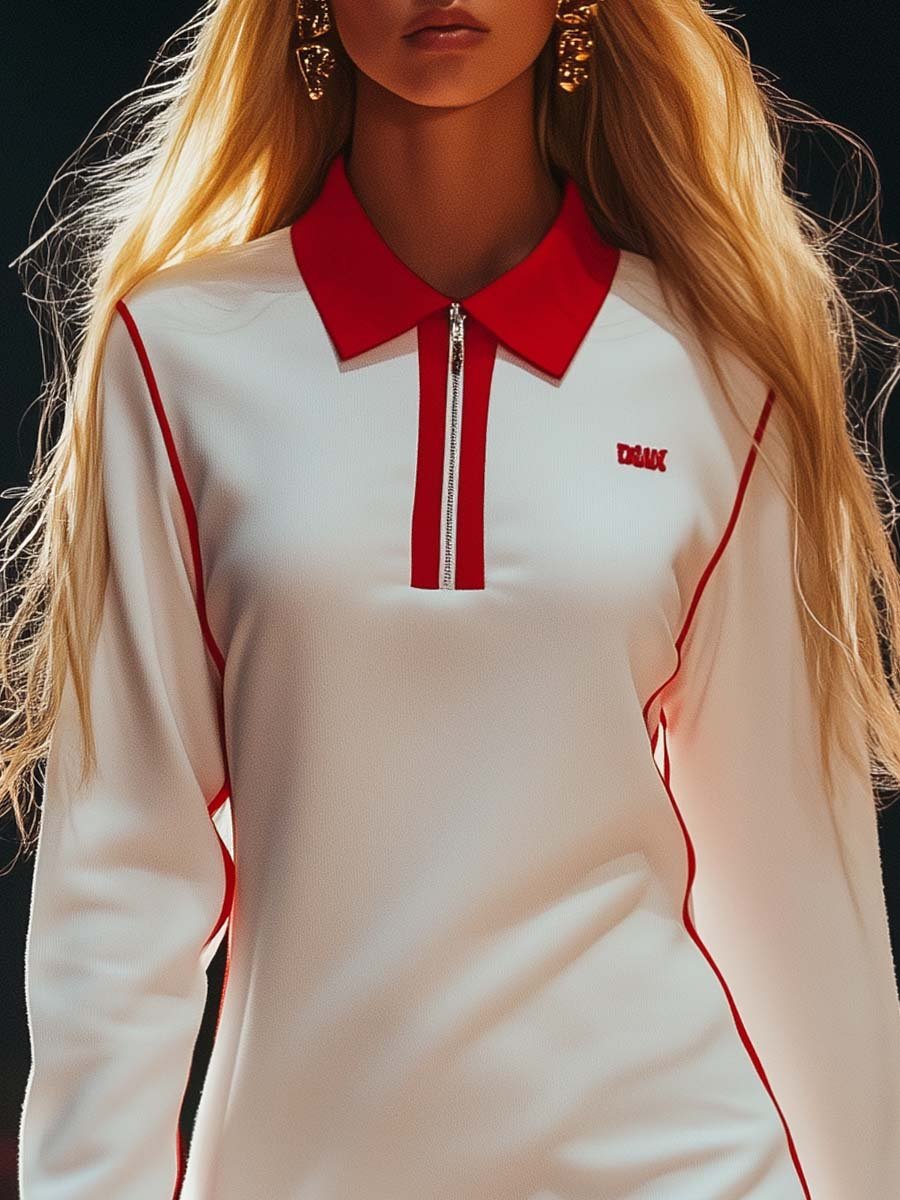 Fashionable Sporty Lapel Zipper Red Trim White Mini Dress