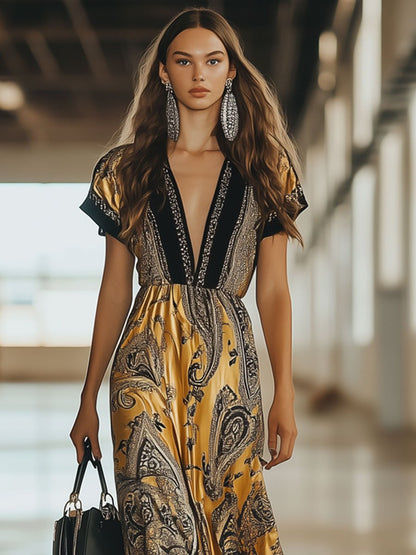 Fashion Party Cashew Flower Print Yellow Satin V-Neck Short Sleeve Maxi Dress