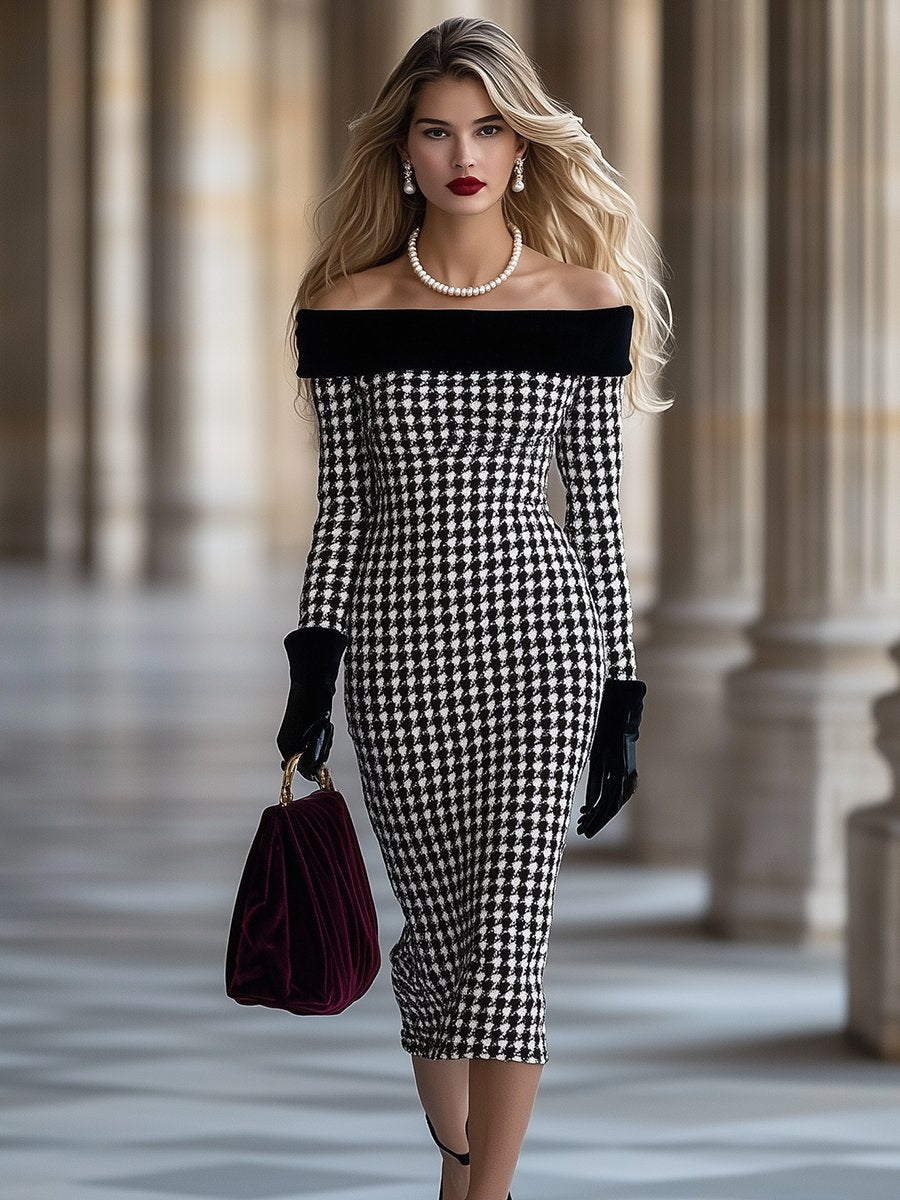 Retro And Elegant High-End One-Shoulder Stitching Houndstooth Dress