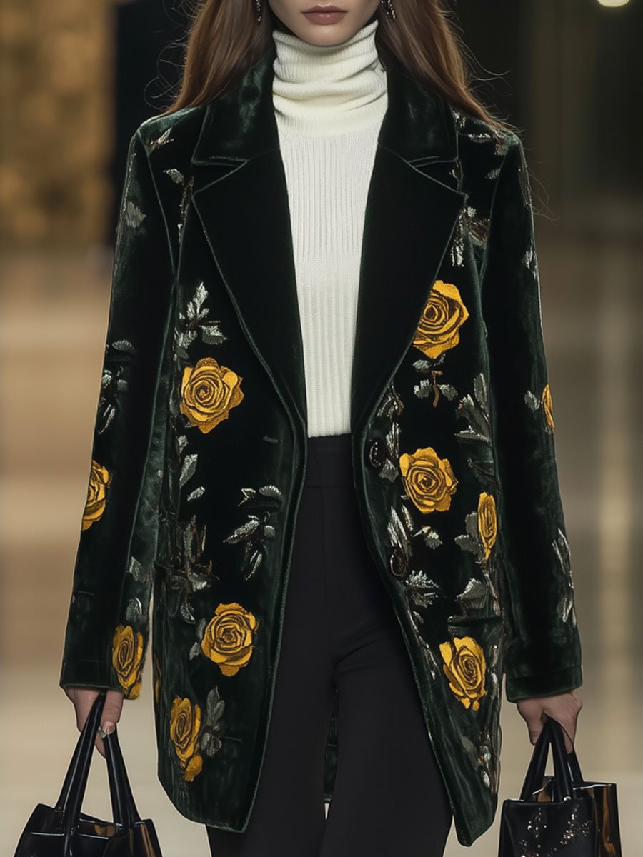 Casual Loose Retro Dark Green Velvet Yellow Rose Print Pocket Coat