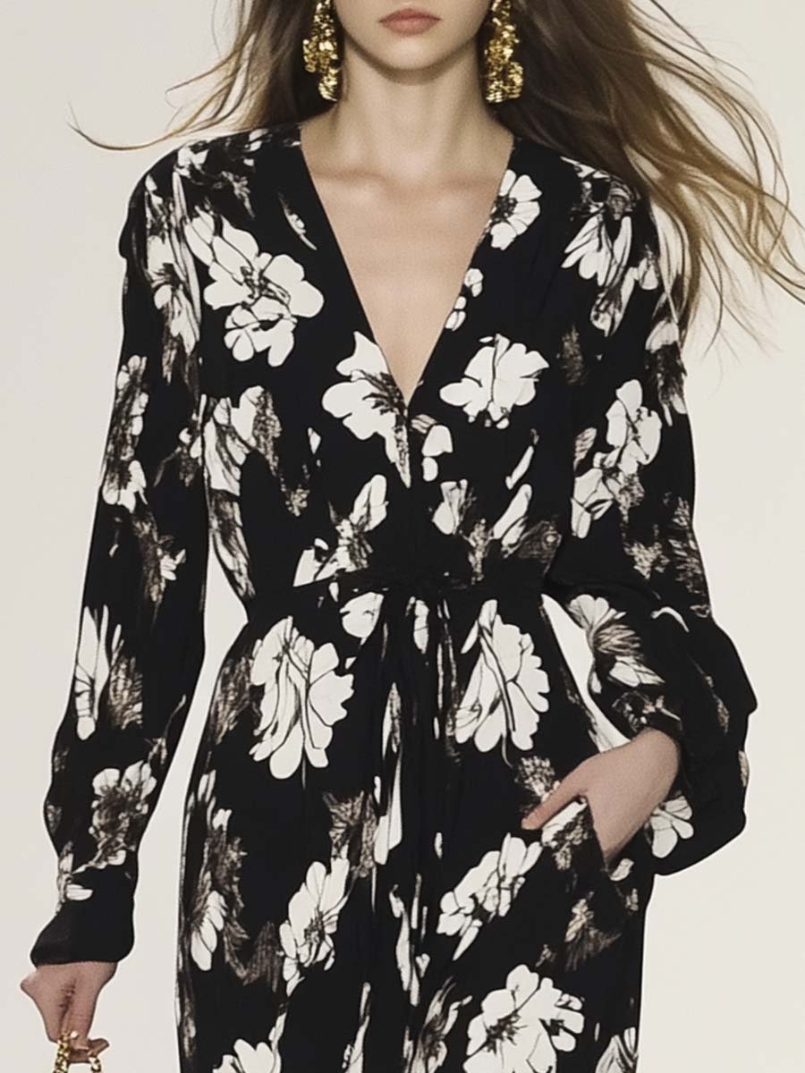 Elegant and Comfortable V-neck Black and White Flower Pattern Jumpsuit