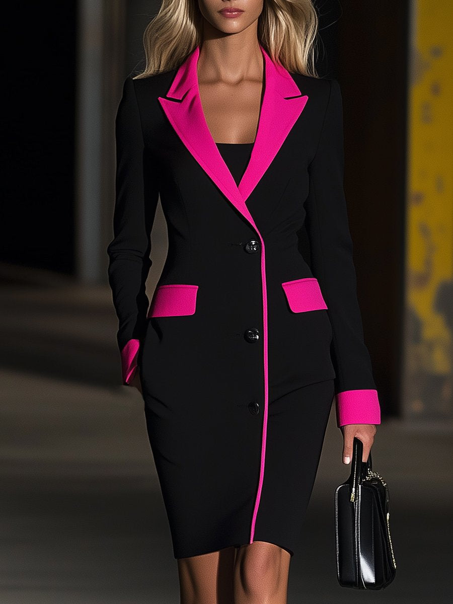 Fashionable Contrast Lapel Suit Long Sleeve Midi Dress