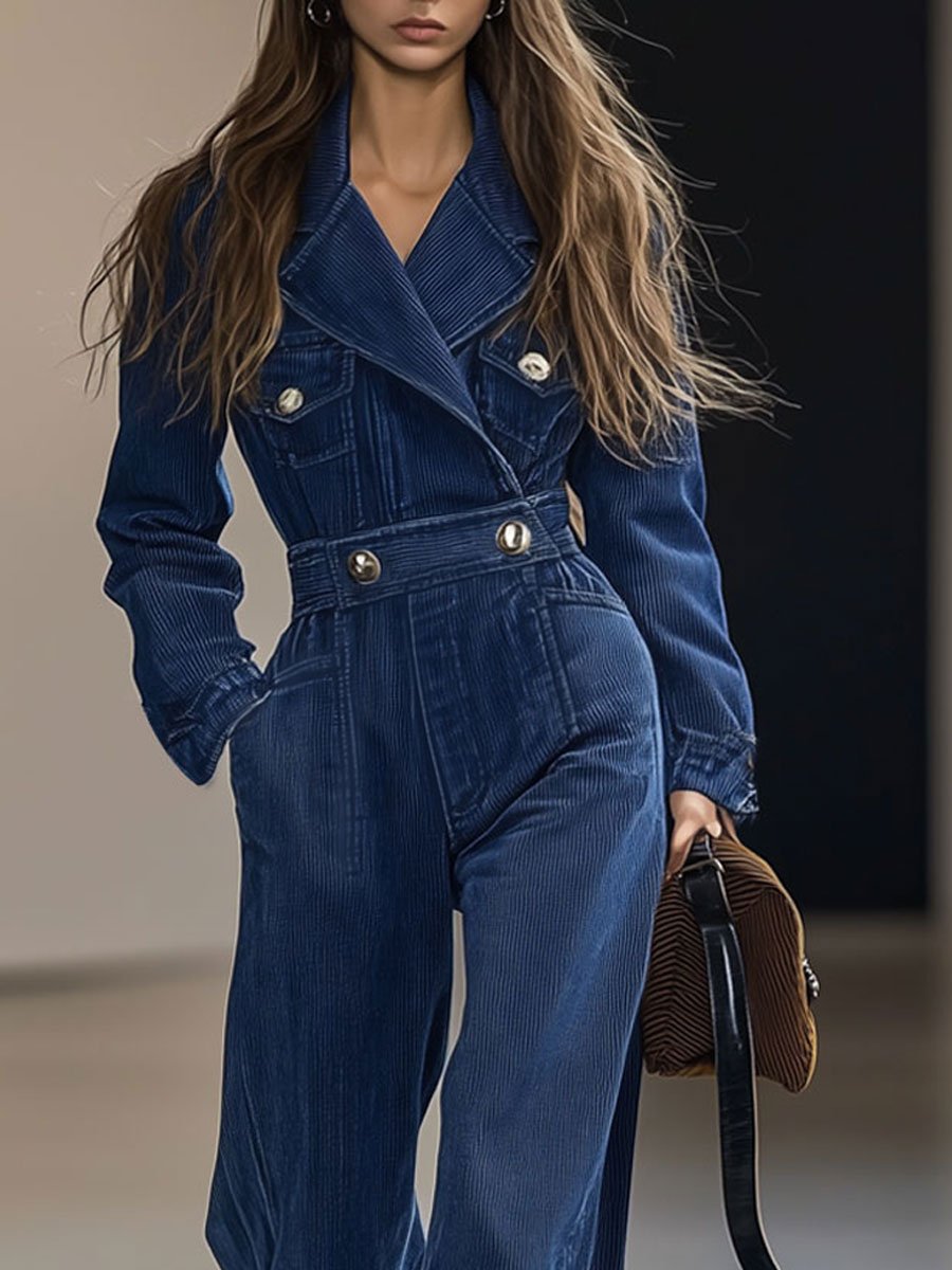 Casual Loose Retro Corduroy Multi-Pocket Jumpsuit