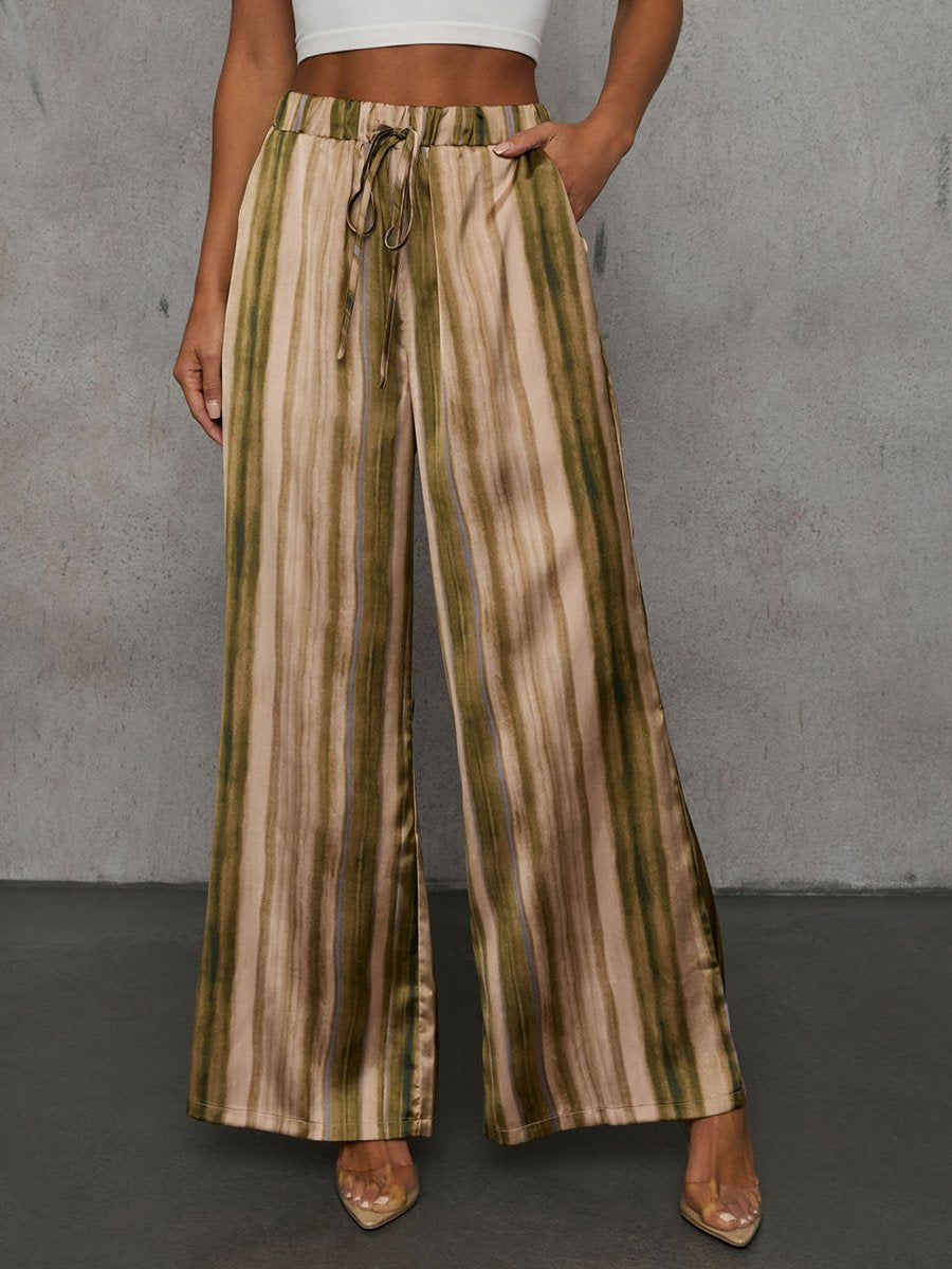 Casual Simple Striped Satin Shirt Wide-Leg Pants Set