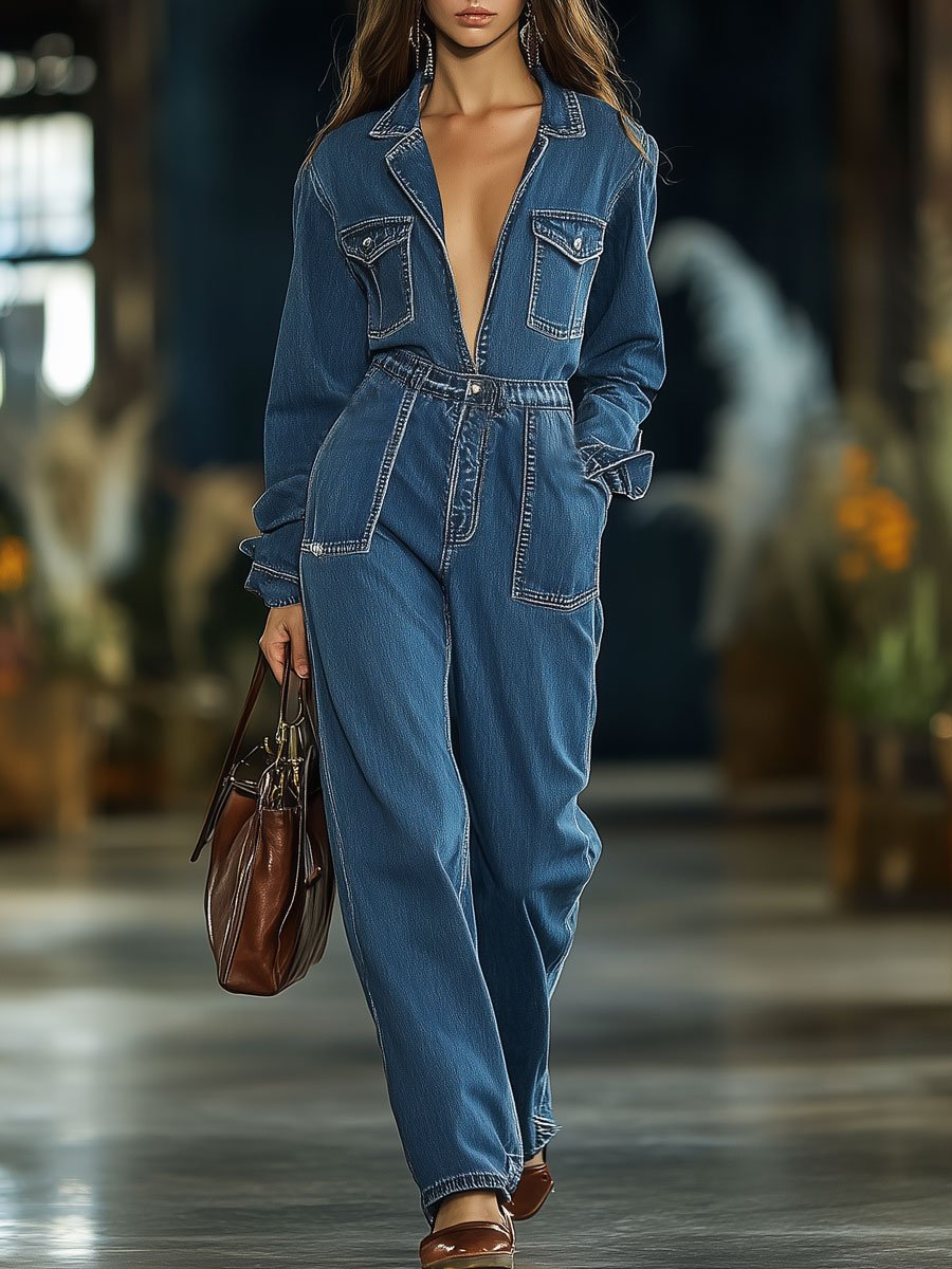 Casual Retro Multi-Pocket Elastic Waist Denim Long Sleeve Straight Jumpsuit