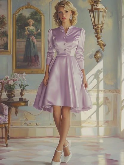 Elegant Satin Gown Long Sleeve Midi Dress