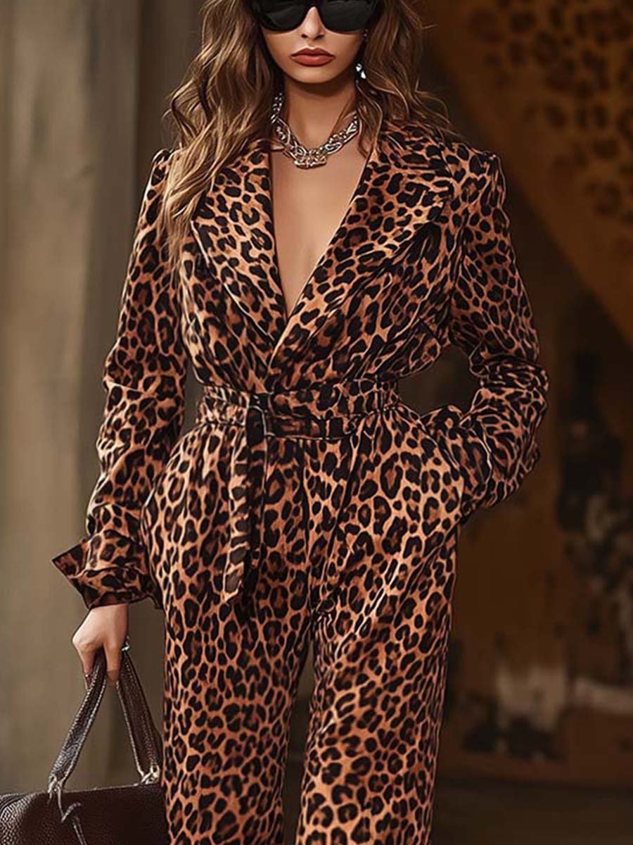 Fashion Retro Lapel Lace-up Leopard Print Jumpsuit