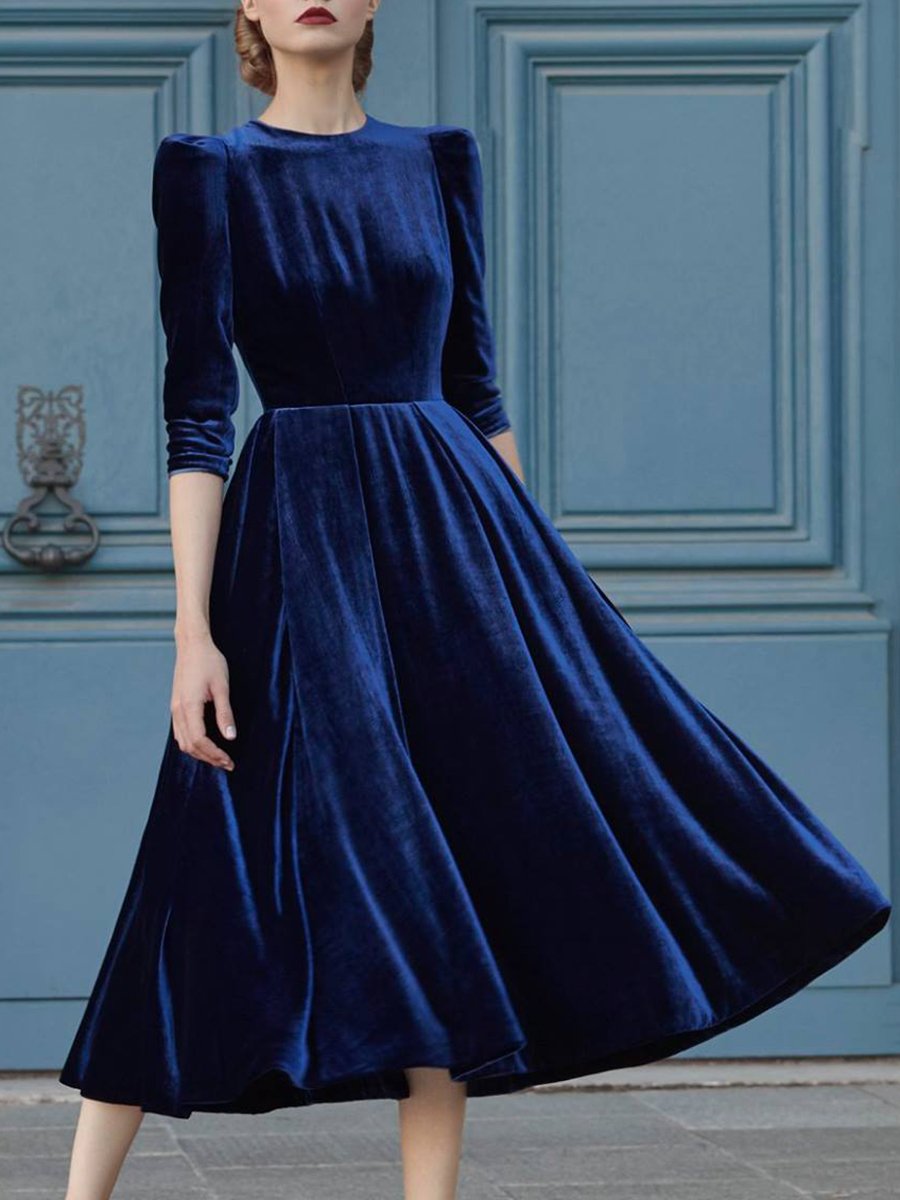 Elegant Round Neck Long Sleeve Velvet Midi Dress