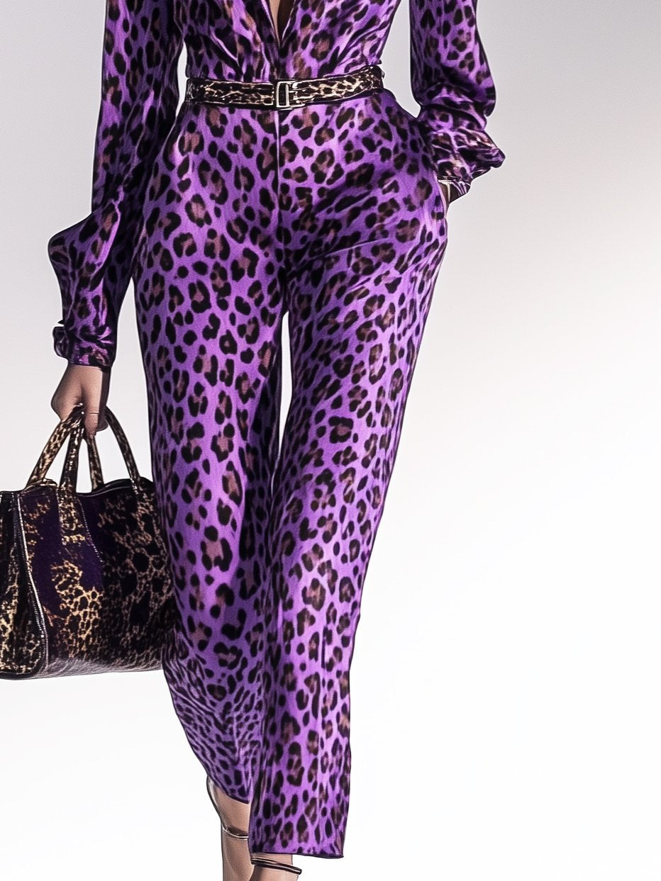 Fashionable Bright Purple Leopard Print Long-Sleeved Jumpsuit