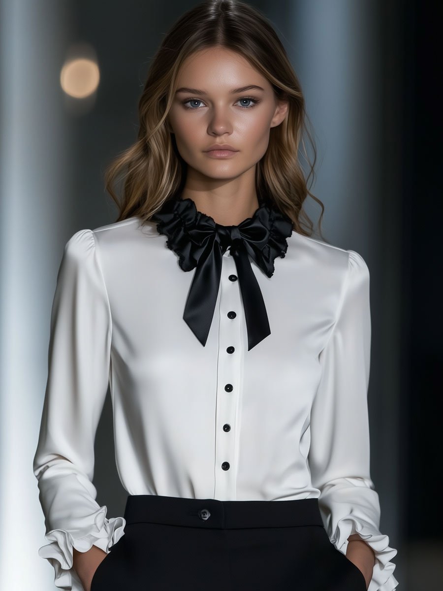 Loose Retro Black Tie Collar White Satin Ruffle Long Sleeve Blouse