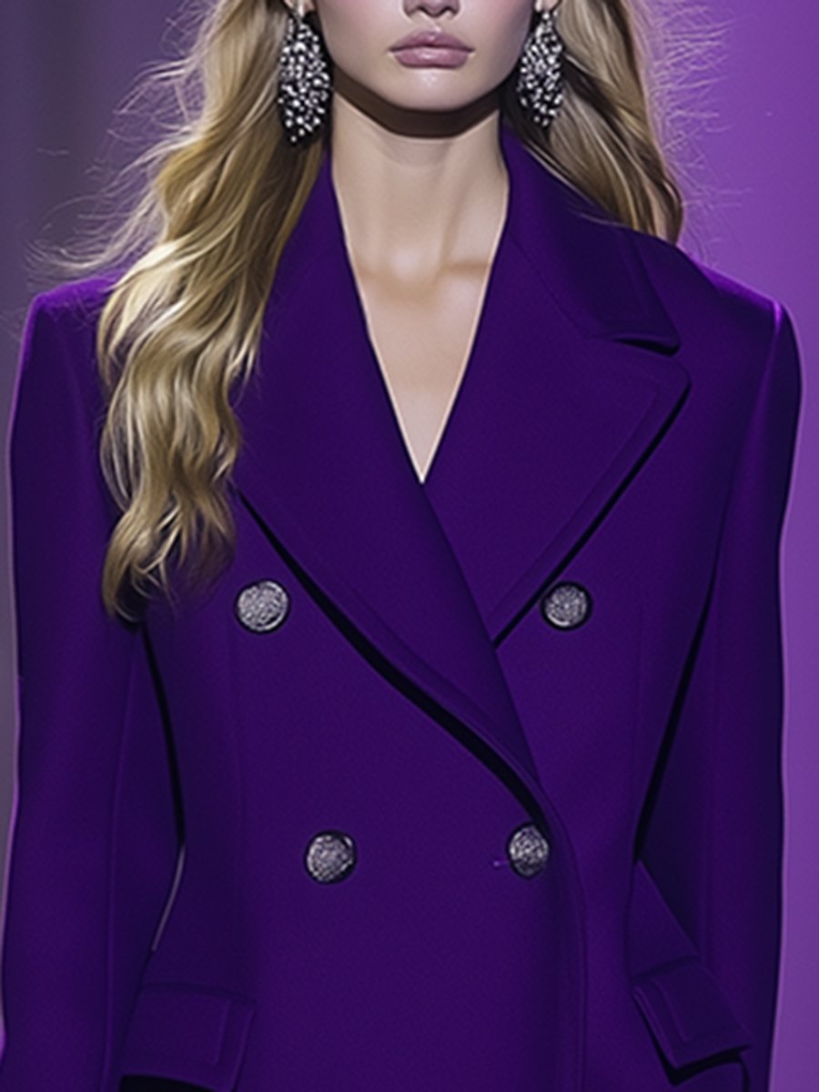 High-End Fashionable And Exquisite Silver Double-Breasted Purple Wool Coat