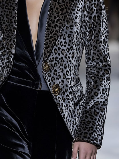 Casual Loose Velvet Leopard Print Lapel Metal Button Blazer