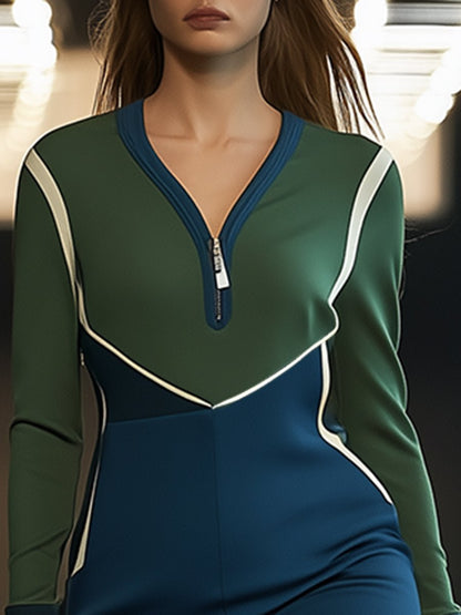 Fashionable and Individual V-neck Blue and Green Contrast Long-sleeved Casual Mini Dress