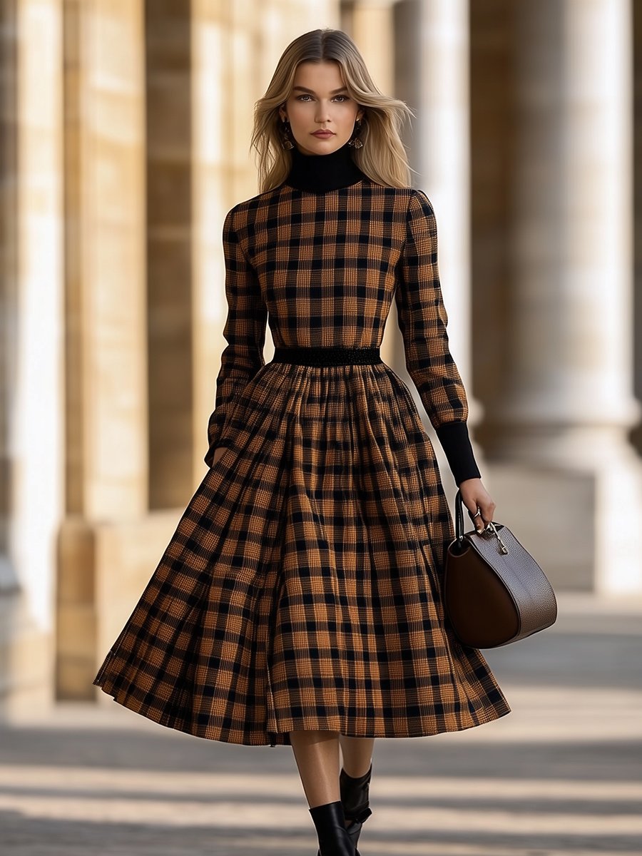 Retro Fashionable And Elegant Colorblock High Collar Plaid Dress