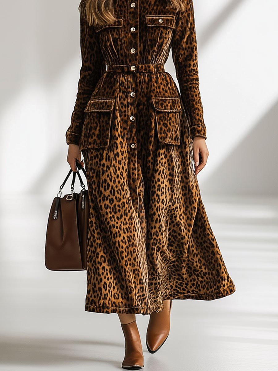 Casual Loose Vintage Velvet Leopard Print Pocket Trench Coat Maxi Dress