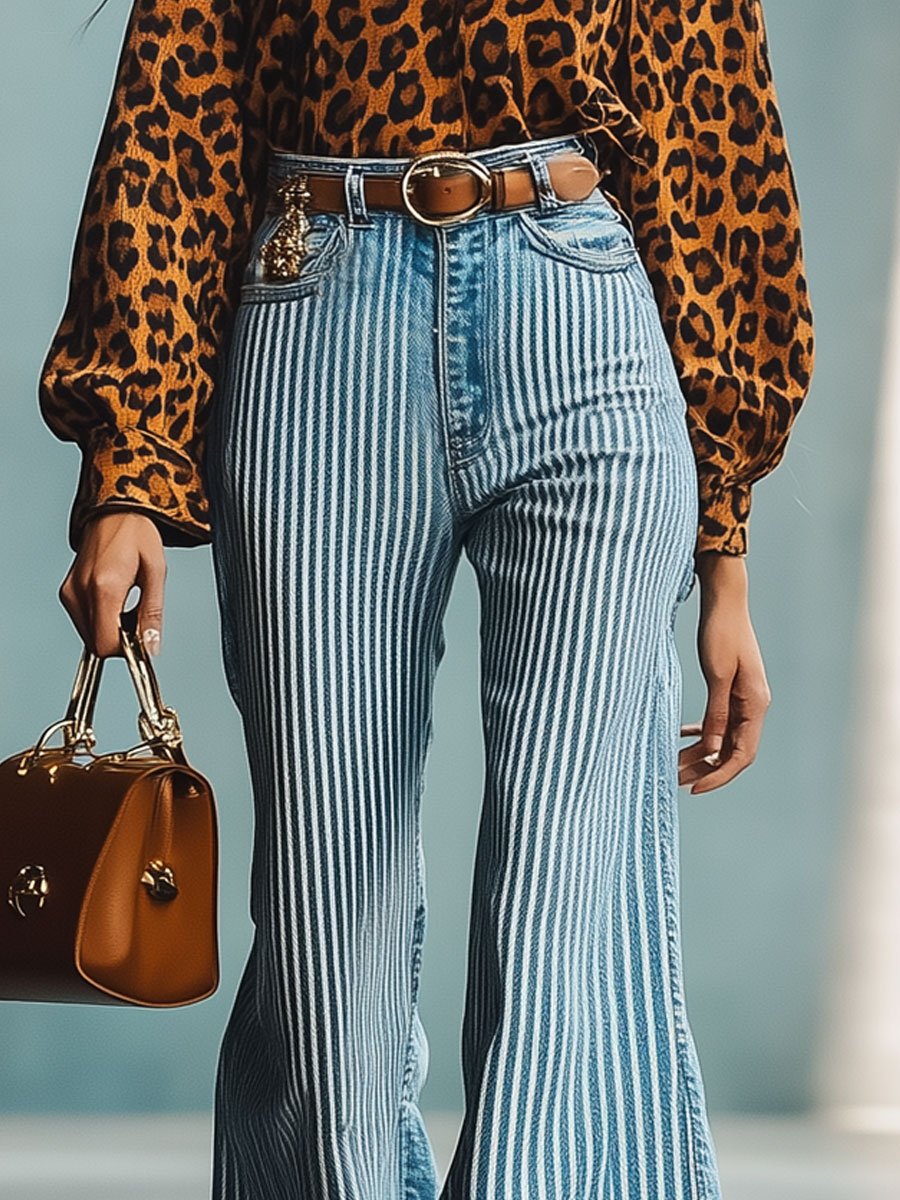 Casual Fashion Retro Stripe Print Raw Edge High Waist Flared Jeans