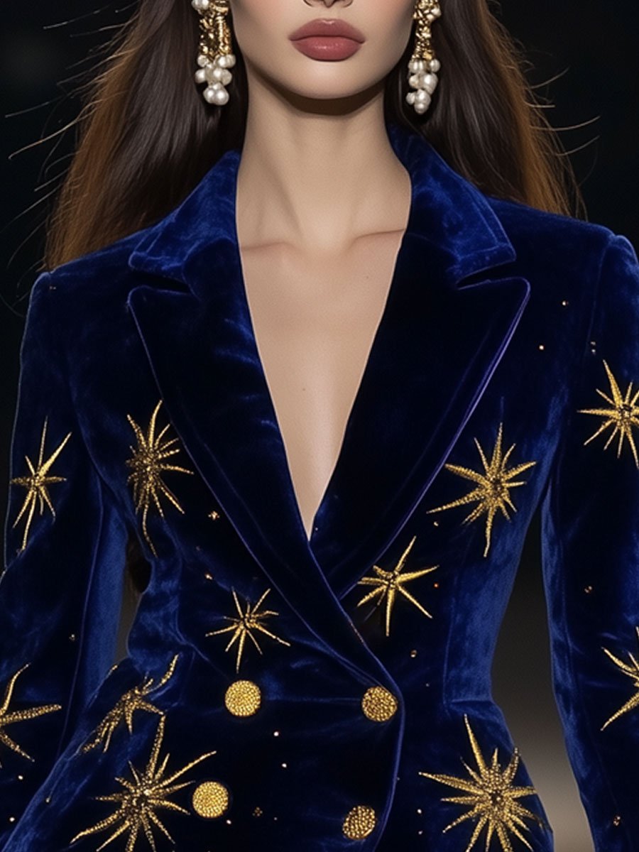 Casual Loose Retro Velvet Gold Star Print Double-Breasted Blazer