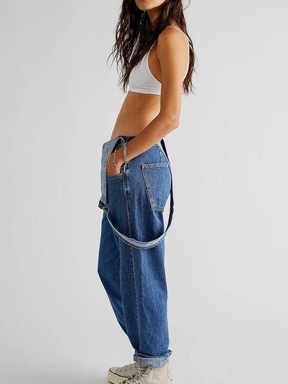 Casual Loose Denim Bib Pocket Sleeveless Jumpsuit