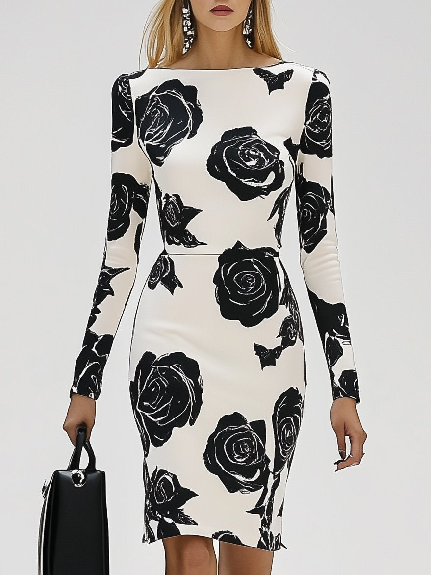 Classic Elegant Rose Print Long Sleeve Midi Dress