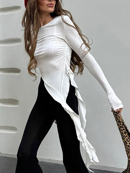 Fashionable Slim Fit Ruffled Round Neck Long Sleeve T-Shirt