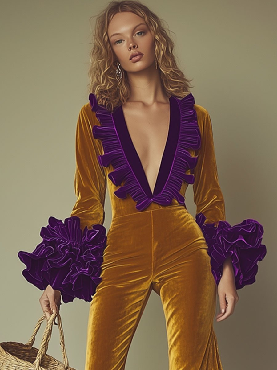 Fashion Party Purple Ruffle Long Sleeve Flared Gold Velvet Jumpsuit