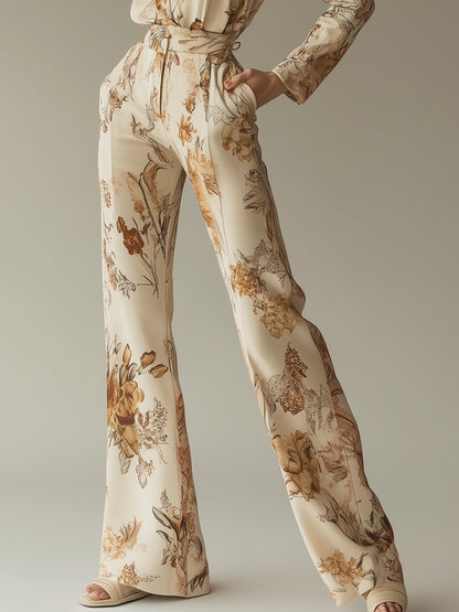 Fashionable Casual Loose Beige Lapel Printed Long-sleeved Jumpsuit