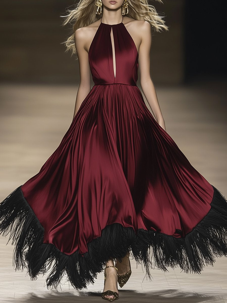 Elegant And Stylish Halterneck Tassel Satin Maxi Dress