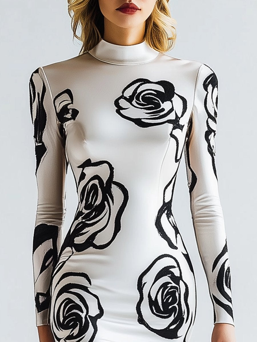 Fashion Rose Printed Half-high Collar White Satin Maxi Dress