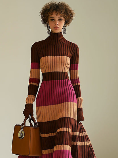 Fashion Loose Retro Color Striped Knitted Turtleneck Midi Dress