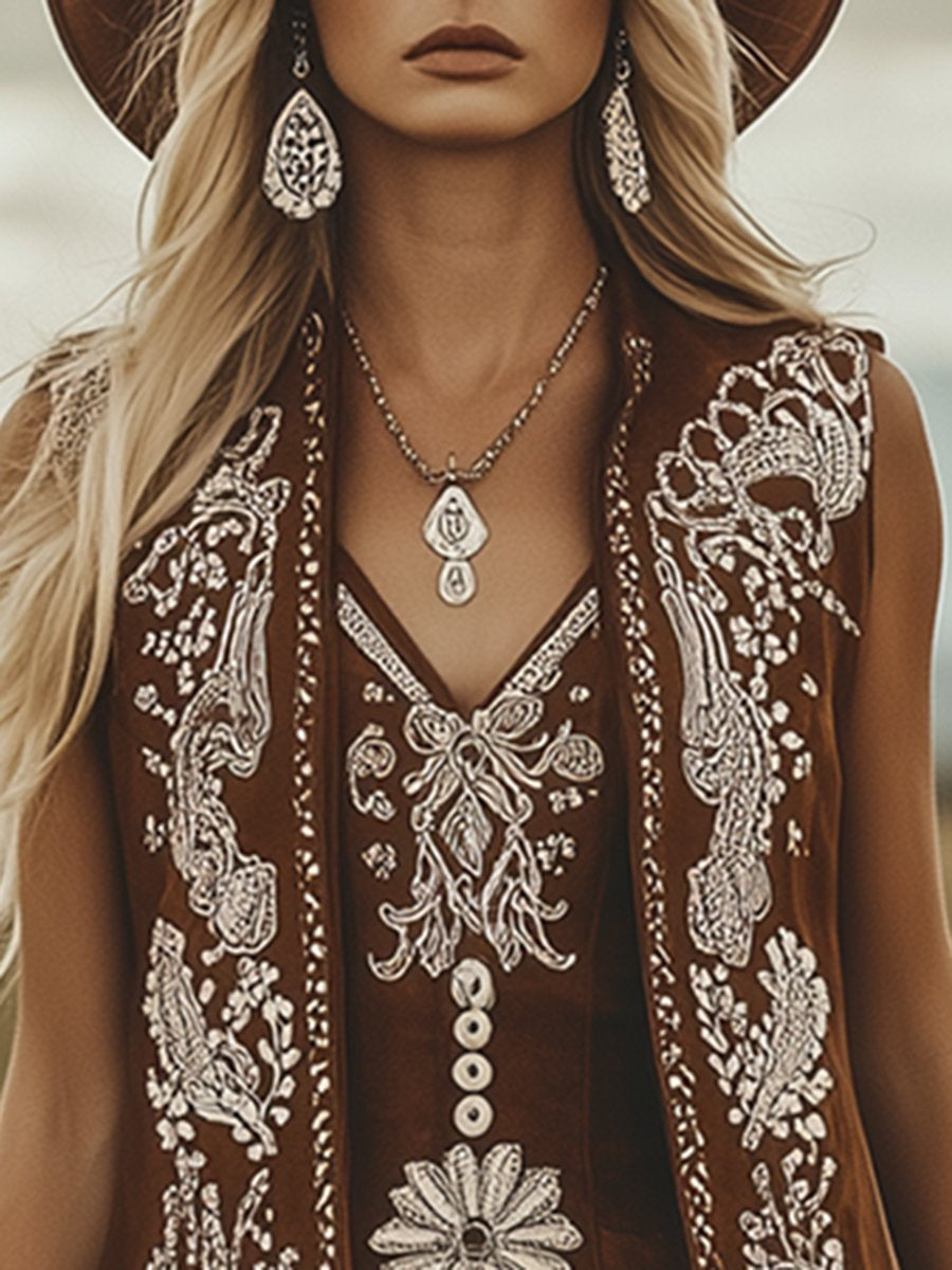 Western Paisley Pattern White Tassel Brown Suede Midi Vest