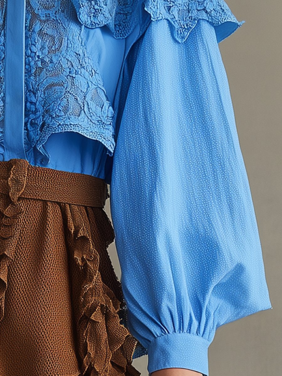 Casual Romantic Blue Lace Cotton Puff Sleeve Shirt