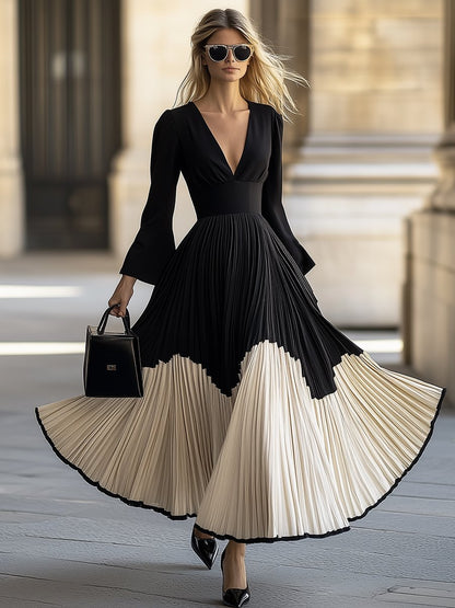 High-End And Elegant V-Neck Hem Color-Blocked Pleated Dress