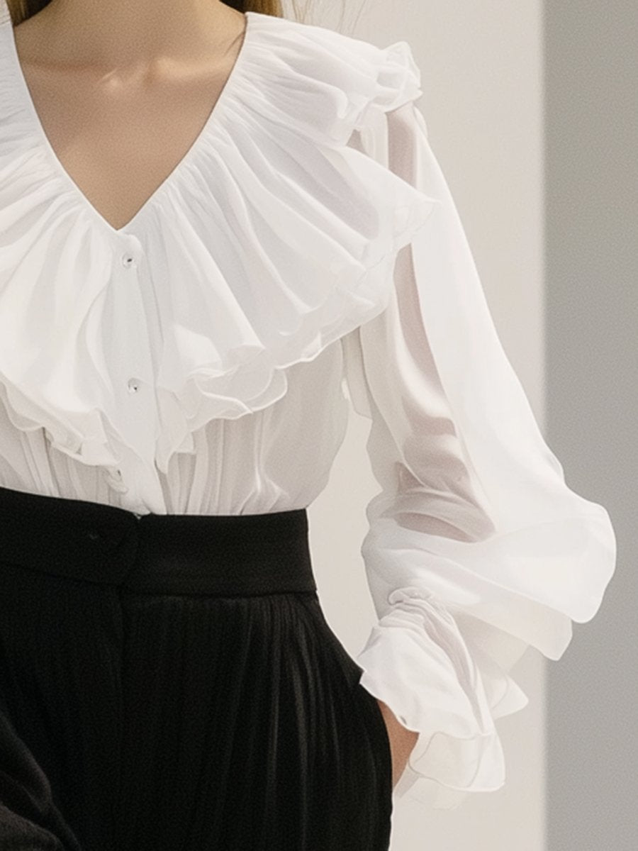 Elegant and Stylish White Chiffon Ruffled Puff Sleeve Shirt