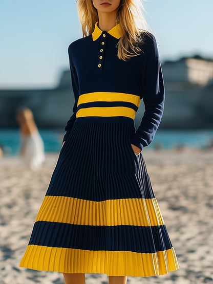 Casual Loose Fashionable Blue And Yellow Striped Polo Midi Dress