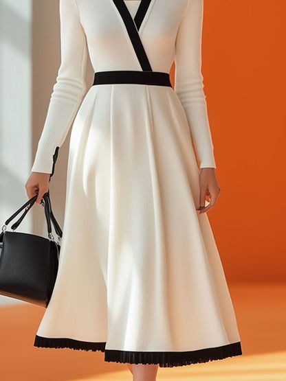 Fashion Retro Black And White Knitted Splicing V-Neck Long-Sleeved Midi Dress