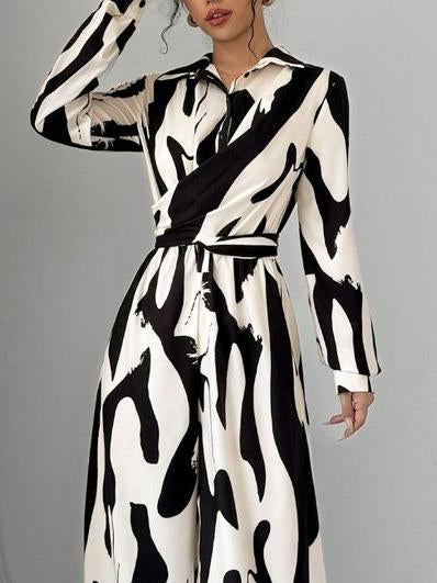 Temperament Chiffon Curve Print Long Sleeve Jumpsuit