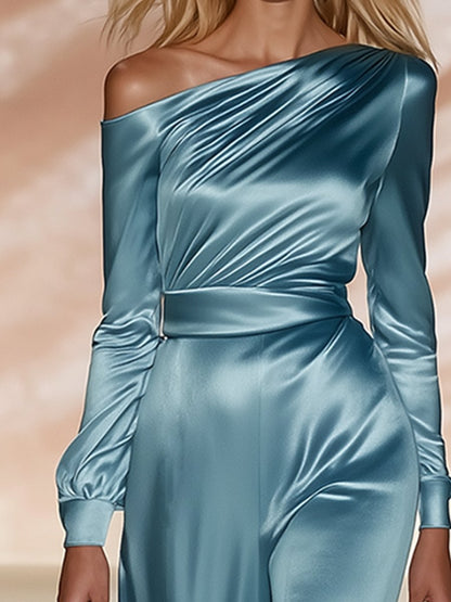 Elegant Haze Blue Off-the-shoulder Satin Long-sleeved Jumpsuit