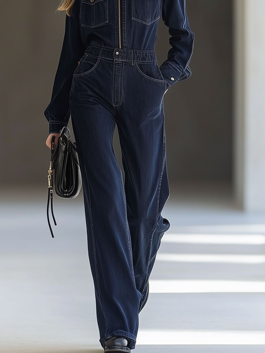 Casual Loose Vintage Denim Multi-Pocket Zipper Lapel Jumpsuit