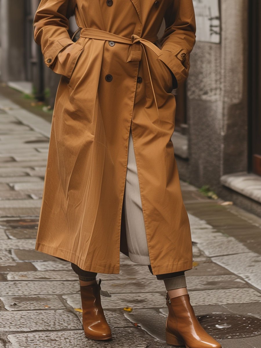 Casual Loose Retro Double-Breasted Waist Lapel Cotton Trench Coat