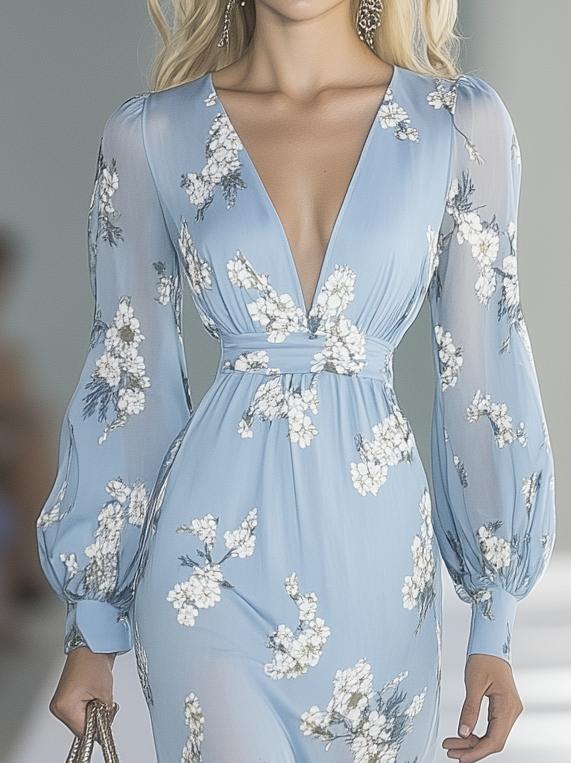 Romantic Chiffon Print Light Blue Long Sleeve Maxi Dress