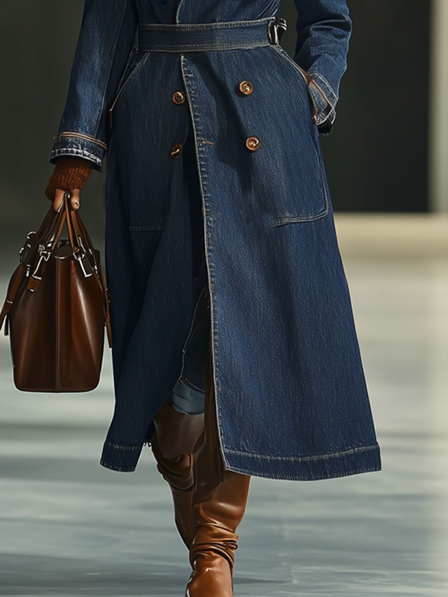 Casual Retro Double-Breasted Mid-Length Denim Trench Coat