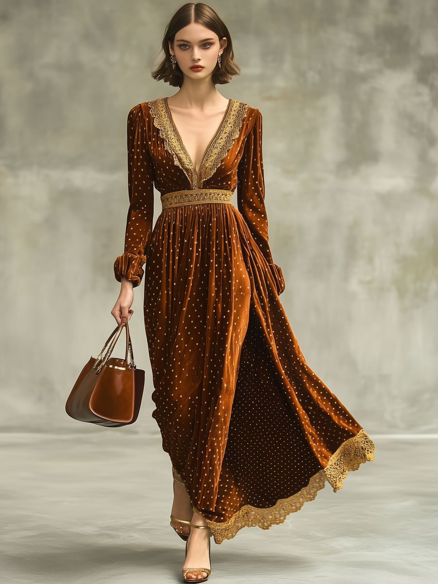 Fashion Retro Velvet Polka Dot Print V-Neck Lace Long Sleeve Maxi Dress