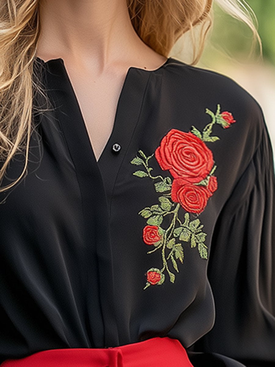 Retro Elegant Fashion Rose Embroidery Black Shirt