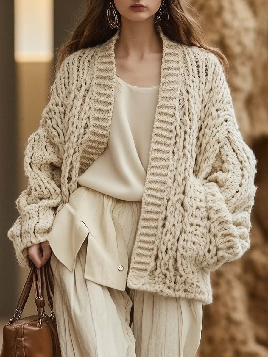 Fashion Retro Open Collar Pocket Short Knit Cardigan