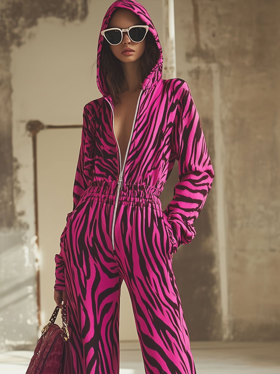 Casual Loose Velvet Zebra Print Zipper Elastic Waist Hooded Jumpsuit