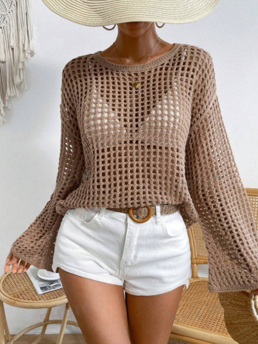 Solid Color Bell Sleeve Loose Hollow Knit Sweater